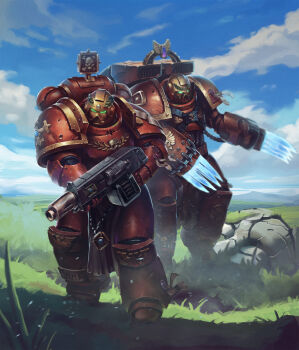 2boys absurdres adeptus_astartes ammunition armor armored_boots blood_angels blue_gemstone blue_sky bolt_(warhammer_40k) bolter boots breastplate broken_statue bullet_hole cable claw_(weapon) cloud cross_ornament energy_claws full_armor full_body gauntlets gem grass greaves grohgrog gun heavy_bolter helmet highres holding holding_bolter holding_gun holding_weapon imperial_aquila laurel_crown male_focus maltese_cross multiple_boys ornate_armor outdoors pauldrons pelvic_curtain power_armor purity_seal purple_gemstone red_armor shoulder_armor skull_and_crossbones skull_ornament sky vambraces warhammer_40k weapon yellow_helmet