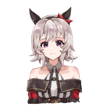 1girl absurdres animal_ears bare_shoulders black_hairband bow breasts closed_mouth coat collarbone commentary_request cropped_torso curren_chan_(fille_eclair)_(umamusume) curren_chan_(umamusume) dress drunontry ear_bow ear_covers grey_hair hair_between_eyes hairband highres horse_ears horse_girl looking_at_viewer medium_breasts off-shoulder_coat off_shoulder purple_eyes red_bow ropp short_hair simple_background solo striped_clothes striped_dress umamusume vertical-striped_clothes vertical-striped_dress white_background