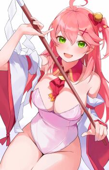 1girl :d absurdres adapted_costume ahoge bare_shoulders bell blush breasts cleavage commentary_request detached_collar detached_sleeves double-parted_bangs gohei green_eyes hair_bell hair_between_eyes hair_ornament hairclip highleg highleg_leotard highres holding holding_gohei hololive jingle_bell large_breasts leotard long_hair looking_at_viewer neck_ribbon one_side_up open_mouth pink_hair pink_leotard red_sleeves ribbon sakura_miko sakura_miko_(1st_costume) simple_background sitting leotard smile solo strapless strapless_leotard two-sided_sleeves uohara_shinji virtual_youtuber white_background white_sleeves wide_sleeves x_hair_ornament