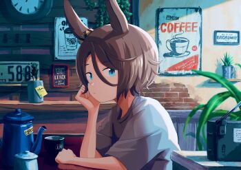 1girl analog_clock animal_ears blue_eyes brick_wall brown_hair clock closed_mouth cup ear_ornament grey_shirt hair_between_eyes hand_up highres horse_ears indoors kettle license_plate looking_at_viewer narita_taishin_(umamusume) radio reflective_table sayasamamu shirt short_eyebrows short_hair short_sleeves solo table thick_eyebrows umamusume upper_body wall_clock
