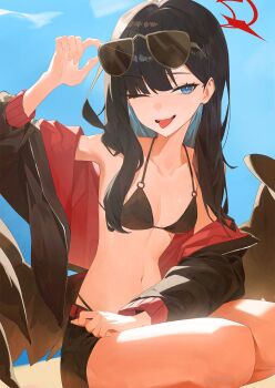 Rule 34 | 1girl, adjusting eyewear, belt, bikini, bikini bottom under shorts, bikini under clothes, black bikini, black hair, black jacket, black shorts, black wings, blue archive, blue sky, blush, breasts, eyewear on head, feathered wings, halo, hand up, highres, ichika (blue archive), ichika (swimsuit) (blue archive), jacket, long hair, low wings, navel, o-ring, o-ring bikini, official alternate costume, one eye closed, open clothes, outdoors, parted lips, red belt, red halo, shorts, sky, sla2h help, smile, solo, squatting, sunglasses, swimsuit, teeth, tongue, tongue out, upper teeth only, wings