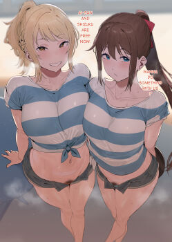 2girls blonde_hair blue_eyes blue_panties blue_shirt braid breasts brown_hair clenched_teeth collarbone commentary english_commentary female_pubic_hair highres large_breasts long_hair looking_at_viewer love_live! love_live!_nijigasaki_high_school_idol_club midriff miyashita_ai multiple_girls navel okpriko open_clothes open_fly open_shorts osaka_shizuku panties ponytail pubic_hair shirt short_shorts short_sleeves shorts steam striped_clothes striped_shirt teeth tied_shirt underwear wet yellow_eyes