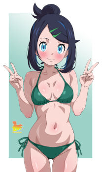 Rule 34 | 1girl, alternate costume, bikini, black hair, blue eyes, blush, border, breasts, closed mouth, collarbone, commentary request, cowboy shot, double v, eyelashes, green background, green bikini, hair bun, hair ornament, hairclip, hands up, highres, liko (pokemon), looking at viewer, medium hair, metaminegl, navel, nintendo, outside border, pokemon, pokemon (anime), pokemon horizons, side-tie bikini bottom, smile, solo, spanish commentary, swept bangs, swimsuit, v, white border