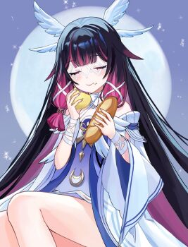 1girl black_hair blue_dress bread closed_eyes closed_mouth columbina_(genshin_impact) crumbs dress eating eye_mask facing_viewer food food_on_face full_moon genshin_impact hair_ribbon hashtag-only_commentary head_wings highres holding holding_bread holding_food kima_(jp4g6kfhb842057) long_hair mask moon multicolored_dress multicolored_hair pink_hair ribbon smile solo two-tone_hair very_long_hair white_dress white_ribbon wings