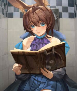 1girl absurdres amiya_(arknights) animal_ear_fluff animal_ears arknights ascot bare_shoulders black_coat blue_eyes blue_skirt book brown_hair coat collarbone donkey eyebrows_hidden_by_hair hair_between_eyes highres holding holding_book indoors long_hair long_sleeves open_book open_clothes open_coat open_mouth pleated_skirt purple_ascot rabbit_ears reading renleiwanyier public_restroom sitting skirt solo