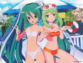 2girls 3d absurdres aqua_hair bikini front-tie_bikini_top front-tie_top goggles goggles_on_head green_eyes green_hair gumi hatsune_miku highres kio_(majin_kz) long_hair medium_hair multiple_girls red_goggles side-tie_bikini_bottom swimsuit twintails vocaloid white_bikini