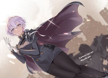 +_+ 1girl black_pantyhose cape commentary_request commission english_text gloves goddess_of_victory:_nikke highres kyouhanechaou liliweiss_(nikke) long_sleeves pantyhose short_hair smile solo white_gloves