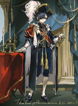 1boy blaaaaaberry black_hair black_shoes blue_coat blue_eyes blue_jacket blue_shorts candlestand ciel_phantomhive closed_mouth coat commentary_request curtains eyepatch full_body hair_over_one_eye hat_feather holding holding_sword holding_weapon jacket kuroshitsuji long_coat male_focus portrait_(object) rapier shoes short_hair shorts socks solo standing sword tassel weapon white_socks