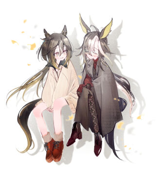 2girls ahoge animal_ears black_hair black_shawl blush bright_pupils brown_eyes brown_shawl brown_shoes closed_eyes commentary_request crossed_legs dream_journey_(umamusume) full_body ginkgo_leaf horse_ears horse_girl horse_tail kobara_suita leaf long_hair multicolored_hair multiple_girls open_mouth ponytail red_shirt shadow shawl shirt shoes simple_background smile stay_gold_(umamusume) streaked_hair tail umamusume white_background white_hair white_pupils