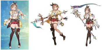 1girl :d absurdres asymmetrical_legwear atelier_(series) atelier_ryza atelier_ryza_1 atelier_ryza_2 atelier_ryza_3 belt boots bracelet braid breast_pocket breasts bridal_legwear bright_pupils brown_eyes brown_footwear brown_gloves brown_hair brown_thighhighs reference_sheet choker cleavage clothing_cutout coattails crown_braid evolution evolutionary_line fang flask full_body gloves hair_ornament hairclip hand_on_own_hip hand_up hat high_heels highres holding holding_staff holster hood hooded_vest hoodie jewelry leather leather_belt long_sleeves looking_at_viewer medium_breasts medium_hair neckerchief necklace official_alternate_costume official_art open_mouth pendant photoshop_(medium) pigeon-toed pocket pouch red_shorts reisalin_stout round-bottom_flask sandals short_hair short_shorts short_sleeves shorts shoulder_cutout single_glove single_thighhigh skindentation smile solo staff standing star_(symbol) star_choker star_necklace thick_thighs thigh_boots thigh_gap thigh_holster thigh_pouch thigh_strap thighhighs thighs toe_ring toeless_footwear toeless_legwear toes toridamono transparent_background uneven_legwear vest x_hair_ornament