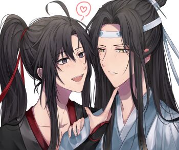 Rule 34 | 2boys, absurdres, ahoge, bishounen, black eyes, black hair, black hanfu, blush, chinese clothes, collarbone, commentary request, couple, grey eyes, hair ribbon, hand on another's chin, hand on another's shoulder, hanfu, headband, heart, high ponytail, highres, lan wangji, long hair, long sleeves, looking at another, male focus, modao zushi, multiple boys, open mouth, parted bangs, parted lips, ponytail, red ribbon, ribbon, robe, sidelocks, simple background, smile, spoken heart, topknot, upper body, wei wuxian, white background, white hanfu, white headband, xiao guan (headdress), yaoi, yellow eyes, yume kun