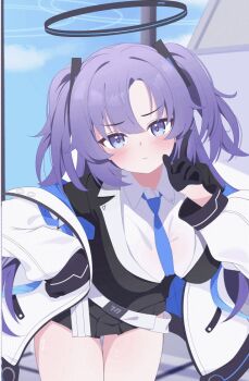 1girl animated animated_gif belt black_gloves blue_archive blue_necktie blush commentary_request fortysansan gloves hair_ornament halo jacket jacket_partially_removed long_hair looking_at_viewer mechanical_halo necktie open_clothes open_jacket open_mouth pleated_skirt purple_eyes revision skirt thighs triangle_hair_ornament twintails yuuka_(blue_archive)