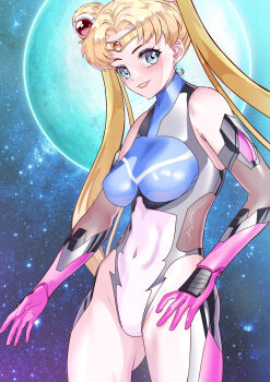 1girl absurdres arion_canvas bishoujo_senshi_sailor_moon blonde_hair blue_eyes bodysuit breasts double_bun gloves hair_bun highleg highres jewelry large_breasts long_hair looking_at_viewer magical_girl skin_tight smile solo taimanin_suit tsukino_usagi twintails