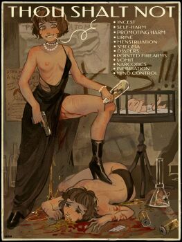 absurdres baby blood blood_splatter breasts commentary english_commentary english_text golden_shower gun guro highres horror_(theme) medium_breasts menstruation nipples original peeing self-harm self-harm_scar short_hair smoking topless_female vichblen vomiting weapon yuri