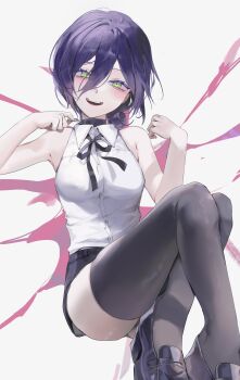1girl absurdres bare_shoulders black_choker black_hair black_ribbon black_shoes black_shorts black_thighhighs blush chainsaw_man choker collared_shirt commentary feet_out_of_frame green_eyes hair_between_eyes hands_up highres knees_up long_hair_between_eyes looking_at_viewer neck_ribbon open_mouth reze_(chainsaw_man) ribbon shirt shoes short_hair short_shorts shorts sleeveless sleeveless_shirt thighhighs tokkieee_qian white_shirt zettai_ryouiki
