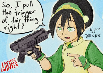 1girl anachronism avatar:_the_last_airbender avatar_legends black_hair blue_background commentary dated english_commentary english_text finger_on_trigger fortnite garabato green_eyes green_hairband gun hairband holding holding_gun holding_weapon imminent_death pointing pointing_at_object raised_eyebrow signature solo submachine_gun toph_beifong upper_body weapon you're_doing_it_wrong