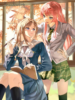 Rule 34 | 2girls, absurdres, bang dream!, bang dream! it's mygo!!!!!, black socks, blue eyes, blue shirt, blue skirt, book, breasts, brown hair, chihaya anon, chinese commentary, closed mouth, commentary request, diagonal-striped clothes, diagonal-striped necktie, fang, green necktie, green skirt, grey eyes, grey neckerchief, hand on own hip, haneoka school uniform, highres, kneehighs, long hair, long sleeves, multiple girls, nagasaki soyo, neckerchief, necktie, open book, open mouth, pink hair, pleated skirt, school uniform, shirt, sidelocks, sitting, skirt, socks, standing, striped clothes, teeth, tsukinomori school uniform, white shirt, wu fuzuoyong