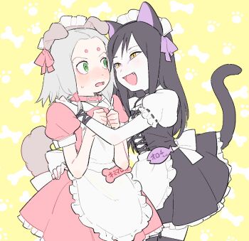 animal_ears apron arms_around_shoulders black_hair blush bone_print bow cat_boy cat_ears cat_tail collar corset crossdressing crossdressing_(mtf) dog_boy dog_ears dog_tail eyeliner facial_mark fang fish forehead_mark green_eyes grey_hair japanese_text kimimaro kutuyatti leggings long_hair looking_at_another maid_apron maid_headdress makeup multiple_boys naruto_(series) orochimaru_(naruto) paw_print slit_pupils smile sweat tail translated yellow_background yellow_eyes