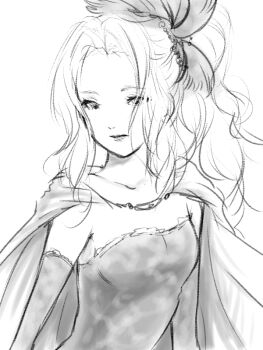1girl breasts cape commentary_request dress elbow_gloves expressionless feather_hair_ornament feathers final_fantasy final_fantasy_vi gloves hair_ornament long_hair nyanyacchi simple_background sketch small_breasts solo tina_branford white_background