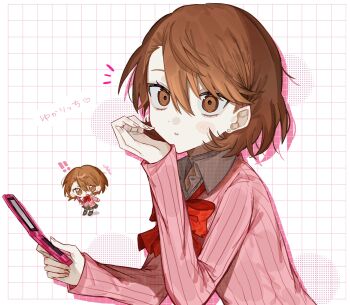 ! !! 1girl :o blush bow bowtie brown_eyes brown_hair cardigan cellphone chibi chibi_inset commentary earrings fingernails flip_phone flipped_hair gekkoukan_high_school_uniform grid_background hair_between_eyes halftone heart highres holding holding_phone jewelry long_sleeves medium_hair notice_lines parted_lips persona persona_3 phone pink_cardigan red_bow red_bowtie ribbed_cardigan school_uniform stud_earrings takeba_yukari translation_request upper_body white_background wing_collar xyurux0