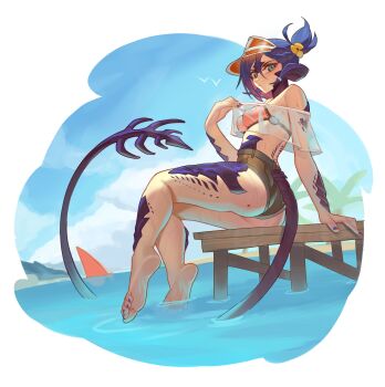 Rule 34 | 1girl, absurdres, aqua eyes, ass, au ra, barefoot, bikini, blue hair, breasts, brown shorts, closed mouth, commentary, dragon horns, dragon tail, english commentary, feet, final fantasy, final fantasy xiv, flower, foot focus, from side, full body, hair between eyes, hair flower, hair ornament, highres, horn ornament, horn ring, horns, large breasts, looking at viewer, nail polish, pier, pink bikini, presenting foot, roxy thefoxy, scales, short hair, shorts, sitting, soles, solo, swimsuit, tail, tattoo, toenail polish, toenails, toes, visor cap, warrior of light (ff14)