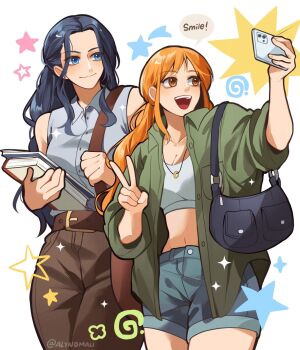 Rule 34 | 2girls, alternate costume, alynomali, bag, bare shoulders, belt, belt buckle, black hair, blue eyes, blue shorts, book, breasts, brown pants, buckle, cleavage, closed mouth, collarbone, commentary, cowboy shot, crop top, english commentary, english text, green shirt, highres, holding, holding book, holding phone, holding strap, long hair, looking at phone, medium breasts, midriff, multiple girls, nami (one piece), nico robin, one piece, open clothes, open mouth, open shirt, orange eyes, orange hair, pants, phone, selfie, shirt, short shorts, shorts, shoulder bag, sleeveless, sleeveless shirt, smile, sparkle, speech bubble, star (symbol), tank top, v, wavy hair, white tank top