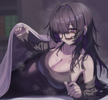 1girl absurdres ars_rg0412 bare_shoulders black_arm_warmers black_dress black_hair bookshelf breasts cleavage colored_inner_hair commentary_request dress glasses goddess_of_victory:_nikke highres huge_breasts indoors label_(nikke) long_hair looking_at_viewer lying messy_hair mole mole_on_breast multicolored_hair on_side purple_eyes purple_hair smile solo two-tone_hair under_covers very_long_hair