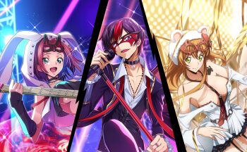 1boy 2girls artist_request black_hair blue_eyes breasts code_geass code_geass:_lost_stories electric_guitar game_cg green_eyes guitar highres holding holding_microphone instrument kouzuki_kallen large_breasts lelouch_vi_britannia long_hair microphone multiple_girls music non-web_source official_art orange_hair purple_eyes red_hair shirley_fenette short_hair singing