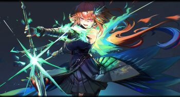 1girl armor belt commentary earrings feather_earrings feathers fingerless_gloves gloves gradient_hair hair_ornament highres hololive hololive_english jewelry long_hair looking_at_viewer multicolored_hair official_alternate_costume orange_hair ponytail purple_eyes sword symbol-only_commentary takanashi_kiara takanashi_kiara_(knight) tsumeki virtual_youtuber weapon