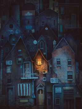 balcony brick clock door francisco_fonseca graffiti highres hotel house no_humans open_window_shutter original road_sign satellite_dish shirt sign vent_(object) window window_blinds window_light window_shutter