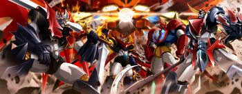 absurdres arm_slave_(mecha) armor axe cape clenched_hands energy facing_viewer fiery_wings gattai getter_emperor getter_rays getter_robo getter_robo_arc getter_robo_daikessen! ginga_no_kou glowing glowing_eyes green_light grendizer grendizer_(grendizer_u) grendizer_u highres holding holding_sword holding_weapon horns huge_horns looking_at_viewer mazinemperor_g mazinger_(series) mazinkaiser mazinkaiser_(robot) mecha mecha_focus mechanical_wings multicolored_armor no_humans open_hand red_armor robot science_fiction shin_getter_dragon shin_getter_robo spear_of_cassius super_robot super_robot_wars super_robot_wars_v super_robot_wars_x sword ufo_robo_grendizer weapon white_armor wings yellow_armor yellow_eyes