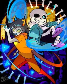 1boy 1girl absurdres black_hair black_shorts blue_eyes blue_jacket blue_lips blue_nails blue_wings bone boots colored_eyelashes colored_sclera commentary crossover dice drawstring english_commentary full_body god_tier_(homestuck) highres homestuck hone_(honesk1) hood hoodie horns jacket long_hair open_clothes open_jacket orange_boots orange_hoodie orange_pants pants pink_slippers sans_(undertale) shirt shorts signature skeleton slippers socks troll_(homestuck) undertale utdr_(toby_fox) vriska_serket white_shirt white_socks wings yellow_sclera