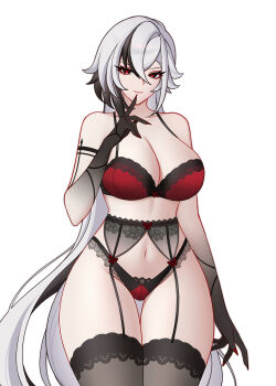 1girl arlecchino_(genshin_impact) bare_shoulders black_garter_belt black_hands black_panties black_streaks black_thighhighs bra breasts charlie_purrito cleavage closed_mouth collarbone colored_extremities commentary english_commentary finger_to_mouth garter_belt genshin_impact grey_eyes hair_between_eyes hand_up highres lace lace-trimmed_bra lace-trimmed_thighhighs lace_trim large_breasts long_hair looking_at_viewer multicolored_hair navel panties red_bra red_pupils simple_background smile solo stomach streaked_hair symbol-shaped_pupils thighhighs underwear very_long_hair white_background white_hair x-shaped_pupils