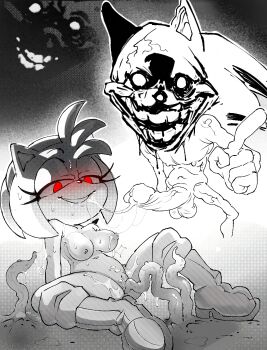 1boy 1girl amy_rose artist_request boots breasts creepy cum cum_string demon erection evil_grin evil_smile furry glans glowing glowing_eyes greyscale grin hedgehog hetero highres horror_(theme) monochrome nipples nude penis possessed possession pussy red_eyes scary scary_face sega shoes smile sonic.exe sonic.exe_(character) sonic_(series) sonic_the_hedgehog spot_color sweat tentacle_sex tentacles testicles vaginal