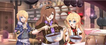 3girls ahoge ascot bag baking belt blonde_hair blue_eyes blush bottle bow bowl bowtie braid breasts brick_wall brown_hair brown_hairband buttons cabinet chocolate claire_(konosuba) counter dor_nose double-breasted dress earrings faucet frying_pan game_cg gradient_hair hair_bow hair_over_one_eye hairband highres holding holding_bowl holding_spatula index_finger_raised indoors iris_(konosuba) jewelry kitchen kono_subarashii_sekai_ni_shukufuku_wo! konosuba!_fantastic_days large_bow large_breasts lens_flare long_braid long_hair medium_hair mixing_bowl mole mole_under_eye multicolored_hair multiple_girls official_art open_mouth own_hands_clasped own_hands_together paper_bag plate plate_stack purple_ascot purple_belt purple_hair red_bow red_bowtie rolling_pin short_sleeves single_braid small_breasts small_sweatdrop smile sparkle spatula striped_clothes striped_hairband table third-party_source white_dress wine_bottle wiz_(konosuba) wooden_table yellow_eyes