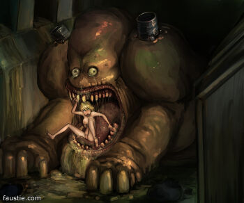 1girl aya_brea barefoot blonde_hair breasts completely_nude faustie feet garbage helpless highres huge_tongue hungry monster nipples nude parasite_eve_(series) parasite_eve_ii pussy short_hair soles toes trash uncensored vore