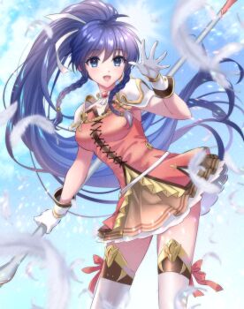 1girl :d armor blue_eyes blue_hair blush braid braided_sidelock breasts commentary_request commission corset dress fire_emblem fire_emblem:_the_sacred_stones gloves holding holding_polearm holding_weapon kakiko210 long_hair looking_at_viewer medium_breasts nintendo open_mouth pink_corset pink_dress polearm ponytail shoulder_armor side_braid side_braids skeb_commission smile solo spear tana_(fire_emblem) thighhighs thighs twin_braids weapon white_gloves white_thighhighs