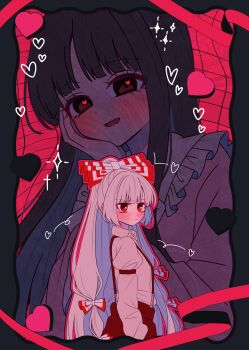 2girls black_hair blush bow closed_mouth collared_shirt colored_inner_hair commentary_request frilled_shirt_collar frills fujiwara_no_mokou grey_hair grey_shirt hair_bow hand_in_pocket hand_on_own_cheek hand_on_own_face heart heart_in_eye highres houraisan_kaguya long_hair long_sleeves looking_at_viewer multicolored_hair multiple_girls multiple_hair_bows open_mouth pants pink_shirt red_eyes shirt smile suspenders sweatdrop symbol_in_eye tamiko_(tamik0224) touhou very_long_hair