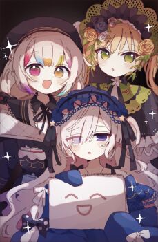 3girls :d beret black_bow black_capelet blonde_hair bow capelet commentary_request dress flower frilled_dress frills gothic_lolita green_eyes hair_between_eyes hair_flower hair_ornament hair_over_one_eye hairband hat heterochromia highres holding holding_sketchbook jogasaki_noah lolita_fashion lolita_hairband long_hair long_sleeves looking_at_viewer mahou_shoujo_no_majo_saiban multicolored_hair multiple_girls natsume_an-an neck_ribbon one_side_up open_mouth pink_eyes polka_dot polka_dot_bow purple_eyes ribbon sketchbook sleeves_past_fingers sleeves_past_wrists smile sparkle streaked_hair tono_hanna toruriri0718 twintails very_long_hair white_hair yellow_eyes