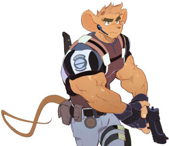 1boy bara biceps blue_pants broad_shoulders brown_hair chris_redfield chris_redfield_(cosplay) commentary cosplay fingerless_gloves frown furry furry_male gloves gun halloween halloween_costume headset highres holding holding_gun holding_weapon holster male_focus mouse_boy mouse_tail muscular muscular_male notched_ear original pants purple_shirt resident_evil resident_evil_5 shiny_skin shirt simple_background solo sweat symbol-only_commentary tail thick_arms thick_eyebrows thigh_holster triceps uleez weapon whiskers white_background yellow_pupils