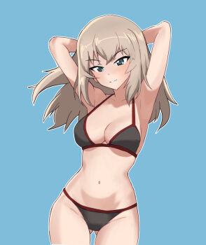 1girl arms_behind_head bikini black_bikini blue_background blue_eyes breasts cleavage commentary_request girls_und_panzer gluteal_fold grey_hair itsumi_erika medium_breasts sesese_mimi simple_background smile solo swimsuit