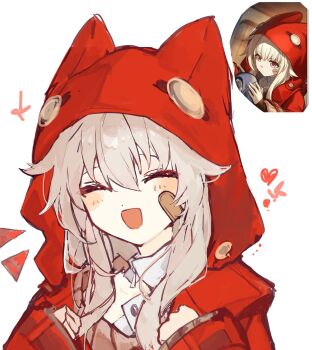 Rule 34 | 1girl, :d, animal ears, animal hood, bandage on face, bandages, clara (honkai: star rail), closed eyes, coat, commentary request, detached collar, fake animal ears, hair between eyes, heart, highres, honkai: star rail, honkai (series), hood, hood up, light blush, long sleeves, nonoko (nocnnc 0228), open mouth, red coat, reference inset, smile, solo, white background, white hair