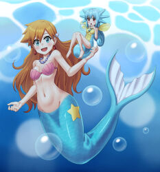 Rule 34 | 2girls, :d, air bubble, blonde hair, blush, breasts, bubble, commentary request, creatures (company), earrings, els (ljhlee12), eyelashes, game freak, gen 1 pokemon, green eyes, highres, horsea, jewelry, korean commentary, long hair, looking at viewer, mermaid, mermaid misty (pokemon), midriff, misty (pokemon), monster girl, multiple girls, navel, necklace, nintendo, open mouth, personification, pokemon, pokemon (anime), pokemon (classic anime), shell, shell bikini, smile, underwater