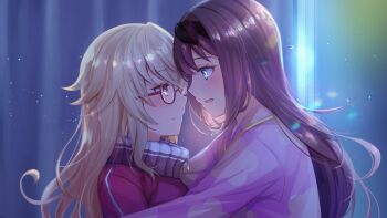 2girls blonde_hair blue_eyes blush brown_hair closed_mouth eye_contact face-to-face game_cg glasses indoors jacket light_particles long_hair long_sleeves looking_at_another mugendo_saki multiple_girls night non-web_source official_art open_mouth otori_ai pajamas pink_eyes pink_pajamas profile red-framed_eyewear red_jacket semi-rimless_eyewear sideways_mouth track_jacket under-rim_eyewear upper_body yumeutsutsu_re:master yuri