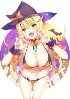 1girl :d bat_(animal) bikini blonde_hair breasts commentary_request cross daive earrings fang full_moon galaxy graveyard halloween halloween_costume hat highres jack-o&#039;-lantern jewelry large_breasts moon mythra_(xenoblade) nail_polish necktie open_mouth puffy_short_sleeves puffy_sleeves pumpkin scrunchie short_sleeves smile swimsuit tombstone tree visible_ears witch_hat wrist_scrunchie xenoblade_chronicles_(series) xenoblade_chronicles_2 yellow_eyes