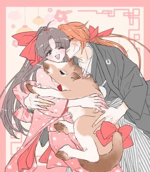 1boy 1girl ahoge akeome arm_around_shoulder asairi black_haori blush bow chinese_zodiac closed_mouth commentary_request couple cowboy_shot cross_scar facial_scar hair_ribbon haori happy_new_year hetero highres himura_kenshin horse imminent_kiss japanese_clothes kamiya_kaoru kimono long_hair low_ponytail new_year one_eye_closed open_mouth parted_bangs pink_kimono ponytail red_ribbon ribbon rurouni_kenshin scar scar_on_cheek scar_on_face smile tail tail_bow tail_ornament year_of_the_horse