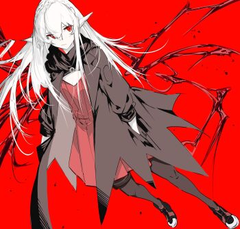 1girl arknights black_coat black_legwear boots braid chiriejjiyo coat crown_braid elite_ii_(arknights) hair_between_eyes highres pointy_ears red_background red_eyes standing warfarin_(arknights) warfarin_(elite_ii)_(arknights) white_hair wings
