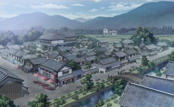 architecture banner blue_sky bridge building bush cloud day east_asian_architecture fence from_above game_cg human_village_(touhou) lantern mountain no_humans non-web_source official_art outdoors paper_lantern red_umbrella river scenery sky statue tile_roof touhou touhou_gensou_eclipse tree umbrella wooden_bridge