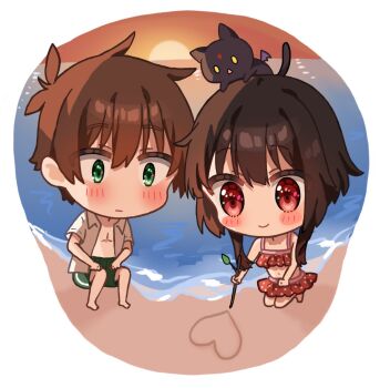 1boy 1girl :| alternate_costume animal animal_on_head backlighting bare_shoulders beach bikini black_cat black_hair blush blush_stickers branch brown_hair cat cat_on_head chibi chibi_only chomusuke closed_mouth colored_sclera couple eyes_visible_through_hair flirting frilled_bikini frills full_body green_eyes hair_between_eyes heart hetero highres holding holding_branch kneeling kono_subarashii_sekai_ni_shukufuku_wo! looking_down male_swimwear megumin no_headwear ocean on_head outdoors polka_dot polka_dot_bikini red_bikini red_eyes sand_writing satou_kazuma short_hair short_hair_with_long_locks sitting smile sun sunset swim_trunks swimsuit yellow_sclera yuno_(suke_yuno)