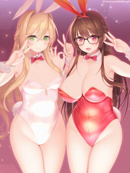 Rule 34 | 2girls, animal ears, artist name, bare shoulders, black-framed eyewear, bow, bowtie, breasts, cleavage, closed mouth, commentary request, detached collar, double v, fake animal ears, glasses, gradient background, green eyes, hands up, highres, kashiwamochi yomogi, large breasts, leotard, long hair, medium breasts, multiple girls, ok sign, open mouth, original, playboy bunny, rabbit ears, rabbit tail, red bow, red bowtie, red eyes, red leotard, smile, standing, strapless, strapless leotard, tail, v, very long hair, w, white leotard
